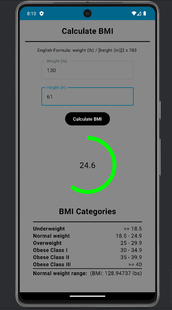 Screenshot of BMI Calculator